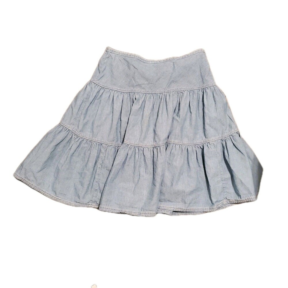 Vintage Chaps Denim Western Blue Tiered Chambray Boho Cowgirl Skirt Sz 2